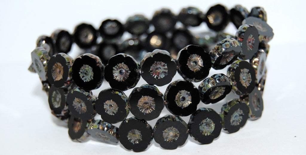 Table Cut Round Beads Hawaii Flowers, Black 43400 (23980 43400), Glass, Czech Republic