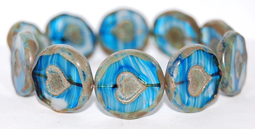 Table Cut Round Beads With Heart, Light Blue White Delay 43400 (65016 43400), Glass, Czech Republic