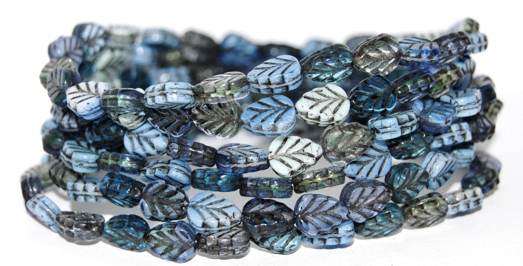 Lilac Leaf Pressed Glass Beads, Blue Mixed Colors Silver Lined Crystal 23202 (Blue Mix 1 23202), Glass, Czech Republic