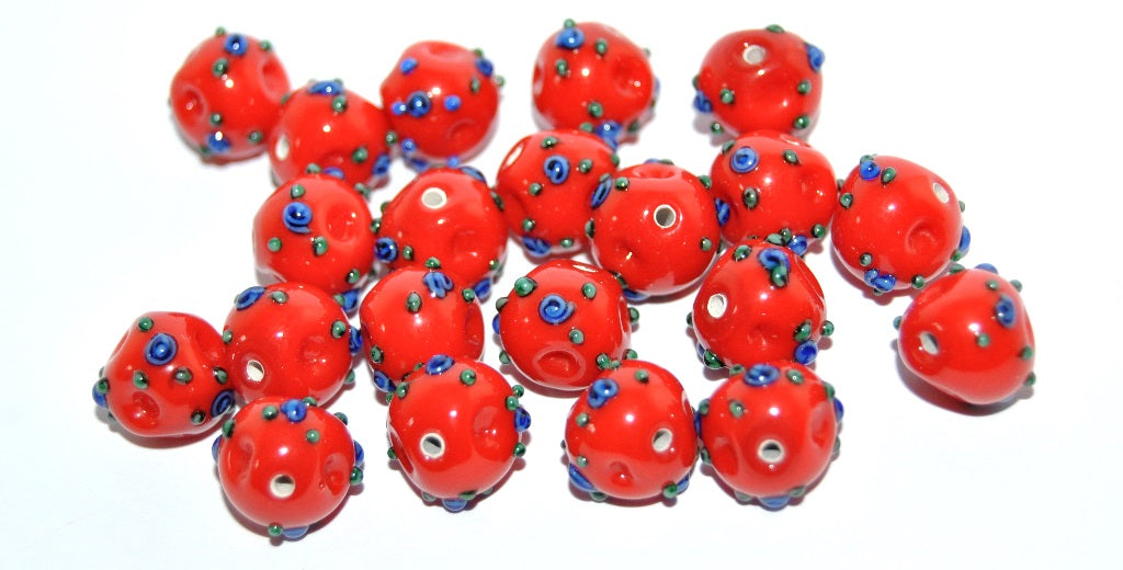 Czech Glass Hand Made Round Lampwork Beads With Flower, (10 C), Glass, Czech Republic