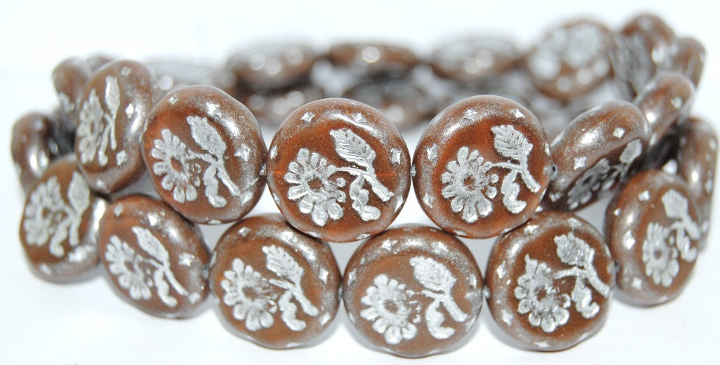 Round Flat With Flower Marguerite Pressed Glass Beads, (16616 54201), Glass, Czech Republic