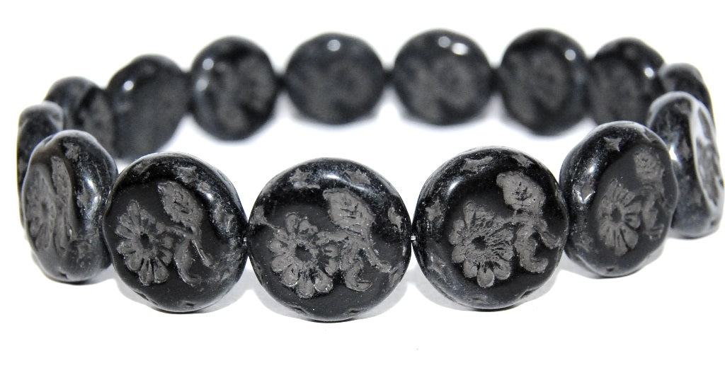 Round Flat With Flower Marguerite Pressed Glass Beads, Black (23980), Glass, Czech Republic