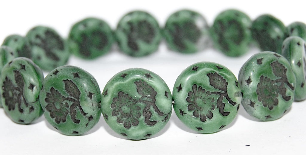 Round Flat With Flower Marguerite Pressed Glass Beads, (56100 23202), Glass, Czech Republic