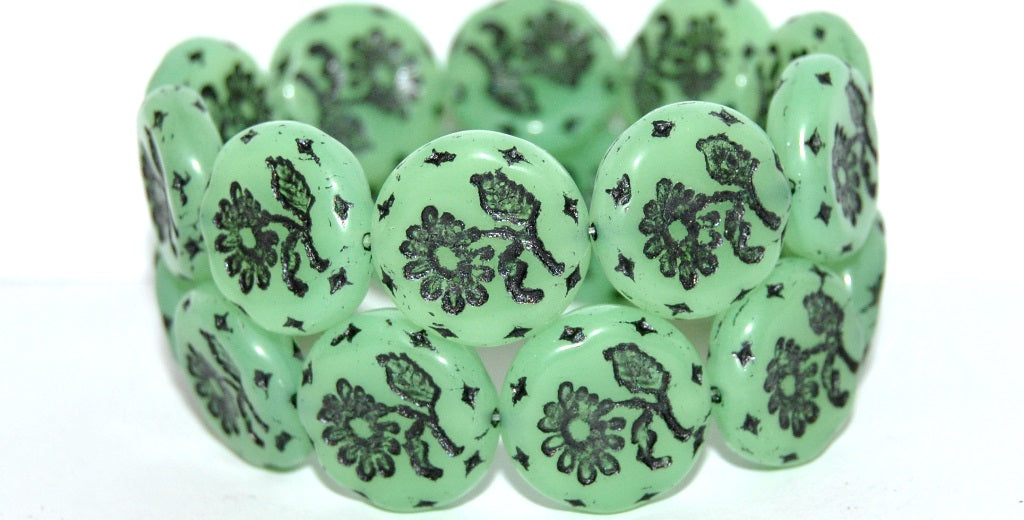 Round Flat With Flower Marguerite Pressed Glass Beads, (52010 46769 Uranium), Glass, Czech Republic