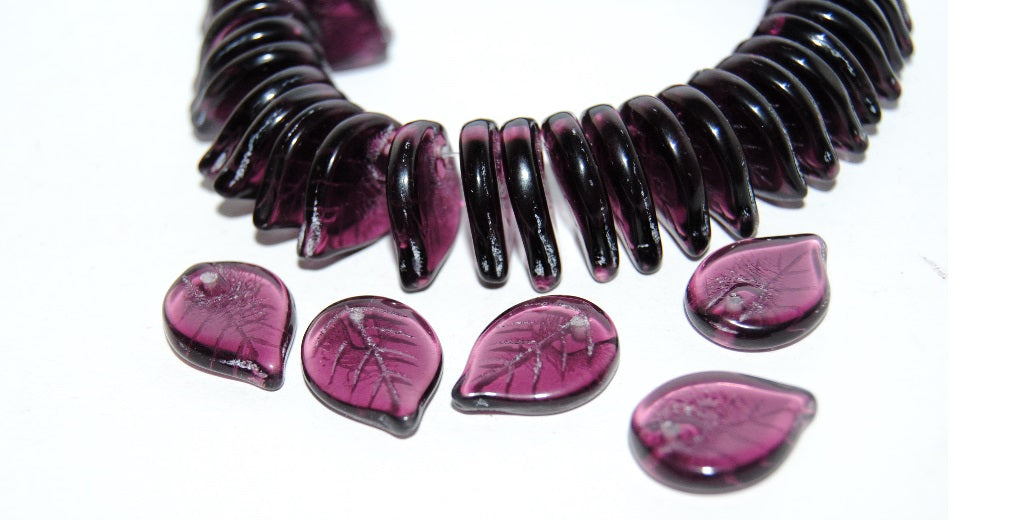 Leaf Pressed Glass Beads, Transparent Amethyst (20060), Glass, Czech Republic