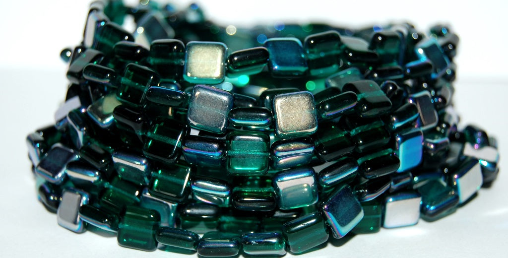 Flat Square Pressed Glass Beads, Transparent Green Emerald Ab (50720 Ab), Glass, Czech Republic