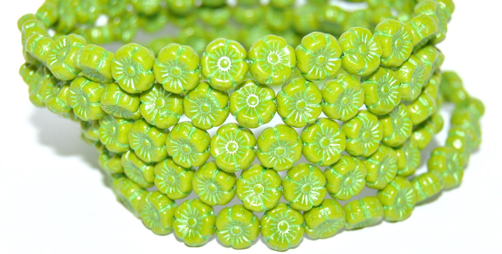 Hawaii Flower Pressed Glass Beads, Opaque Green 43813 Metalic (53400 43813 Metalic), Glass, Czech Republic
