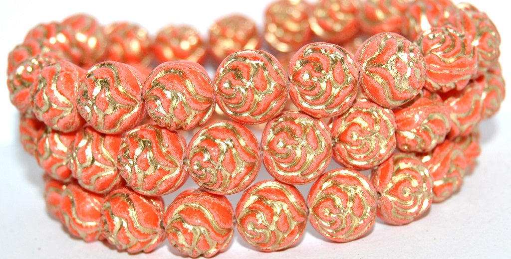 Round Rose Pressed Glass Beads, Deep Orange 54202 (93140 54202), Glass, Czech Republic