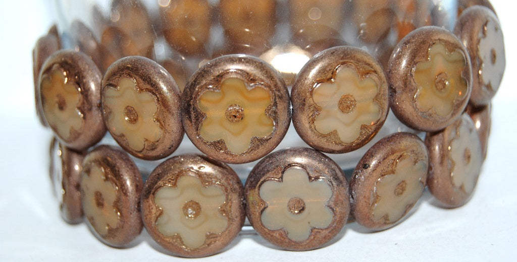 Table Cut Round Beads With Flower, Opal Orange Bronze (11000 14415), Glass, Czech Republic