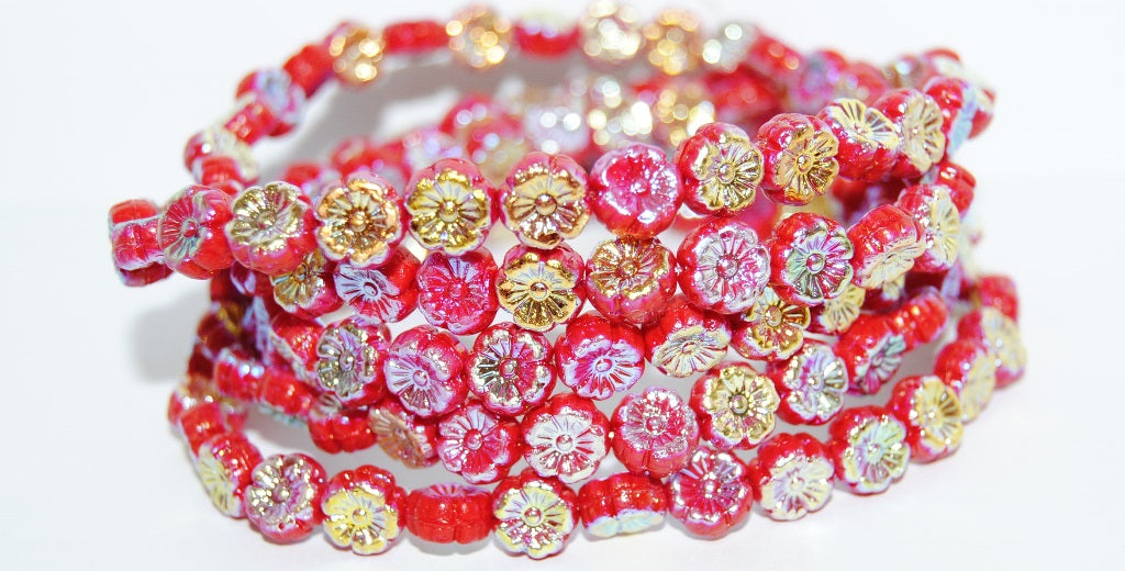 Hawaii Flower Pressed Glass Beads, Red Ab 2Xside (93190 Ab 2Xside), Glass, Czech Republic