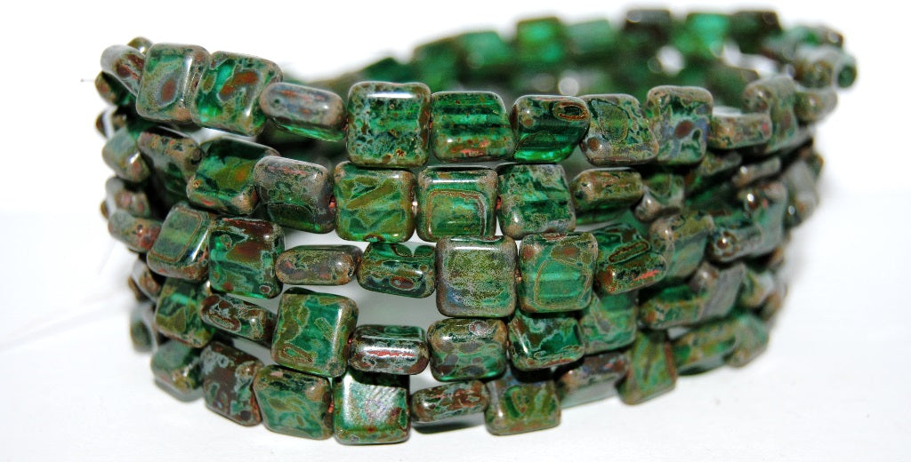Flat Square Pressed Glass Beads, Transparent Green Emerald Travertin (50710 86800), Glass, Czech Republic