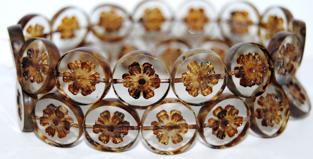 Table Cut Round Beads With Flower, Gray Travertin (40010 86800), Glass, Czech Republic