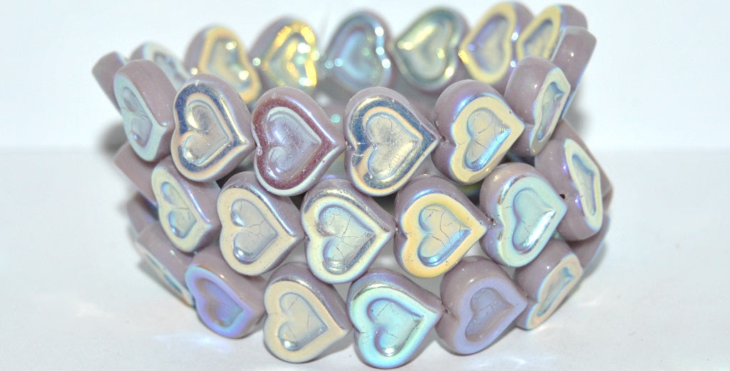 Heart With Heart Pressed Glass Beads, Opaque Amethyst Ab 2Xside (23030 Ab 2Xside), Glass, Czech Republic