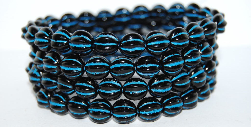 Melon Round Pressed Glass Beads With Stripes, Black 46460 (23980 46460), Glass, Czech Republic