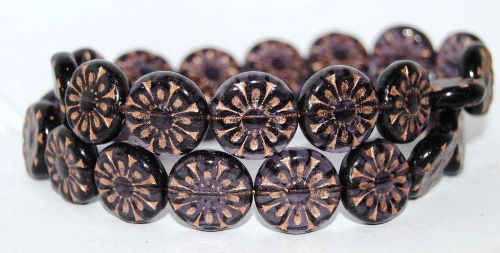 Flat Round With Flower Pressed Glass Beads, Transparent Light Amethyst 54200 (20310 54200), Glass, Czech Republic