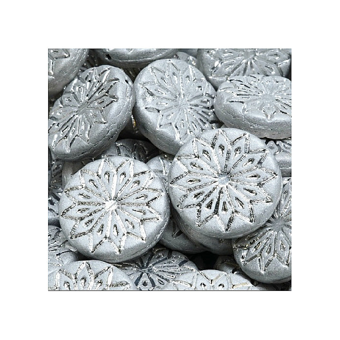 Pressed Czech glass beads origami flower round big with ornament Silver Glass Czech Republic