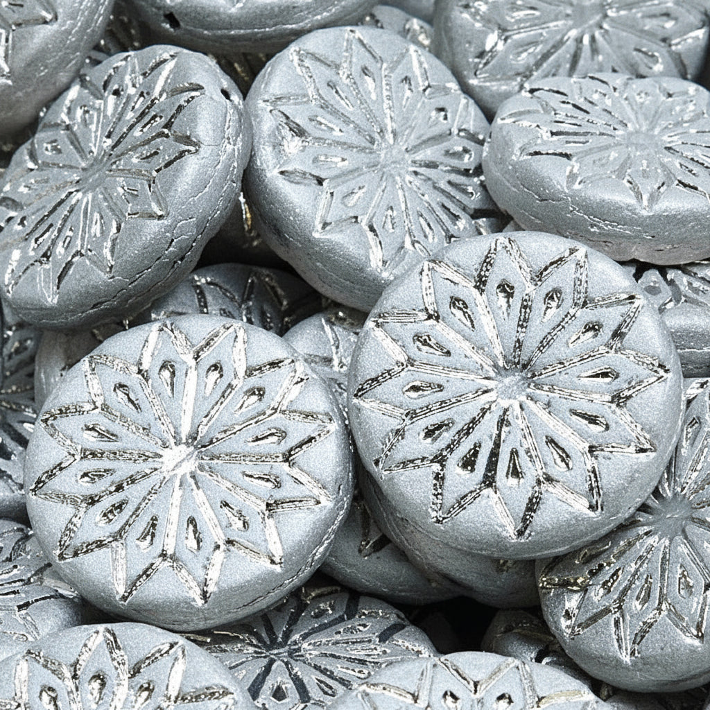 Pressed Czech glass beads origami flower round big with ornament Silver Glass Czech Republic