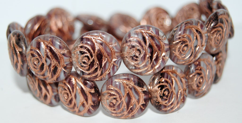 Round Flat Rose Flower Pressed Glass Beads, Bright Amethyst White Delay 54200 (25016 54200), Glass, Czech Republic