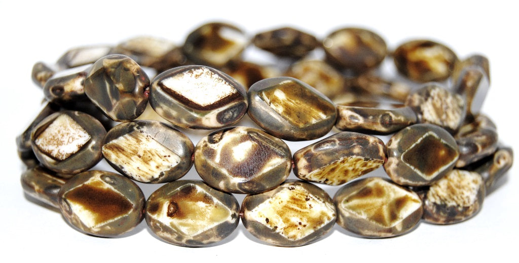 Table Cut Oval Beads With Rhomb, Chalk White 86800C (3000 86800C), Glass, Czech Republic