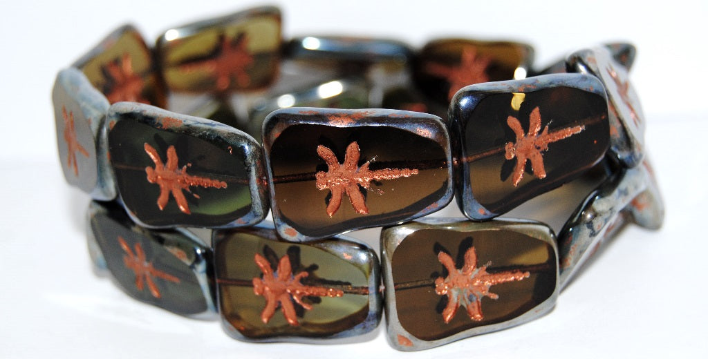 Table Cut Rectangle Beads With Dragonfly, Green Mixed Colors 4355307 (Green Mix 4355307), Glass, Czech Republic