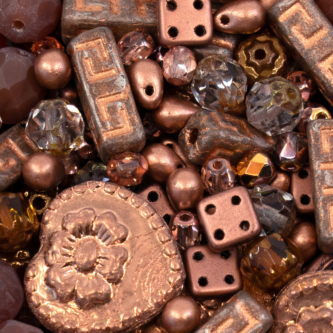 Mix of Unique Czech Bohemia Glass Pressed Beads, Rocailles, Bronze Vintage Copper Crystal, Matte and Glossy, Hand Made BCV