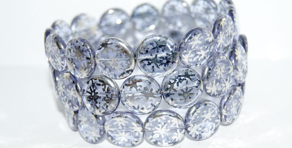 Flat Round Coin Pressed Glass Beads, Transparent Light Amethyst Flower Batika (20210 Flower Batika), Glass, Czech Republic