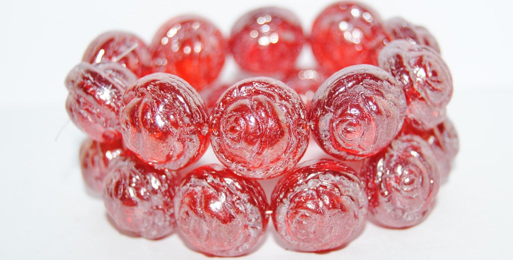 Round With Rose Flower Pressed Glass Beads, Transparent Red Hematite (90060 14400), Glass, Czech Republic