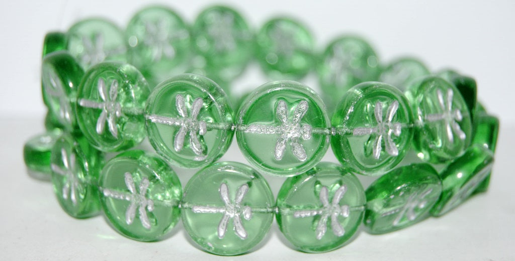 Round Flat Wit Dragonfly Pressed Glass Beads, Transparent Green 54201 (50500 54201), Glass, Czech Republic