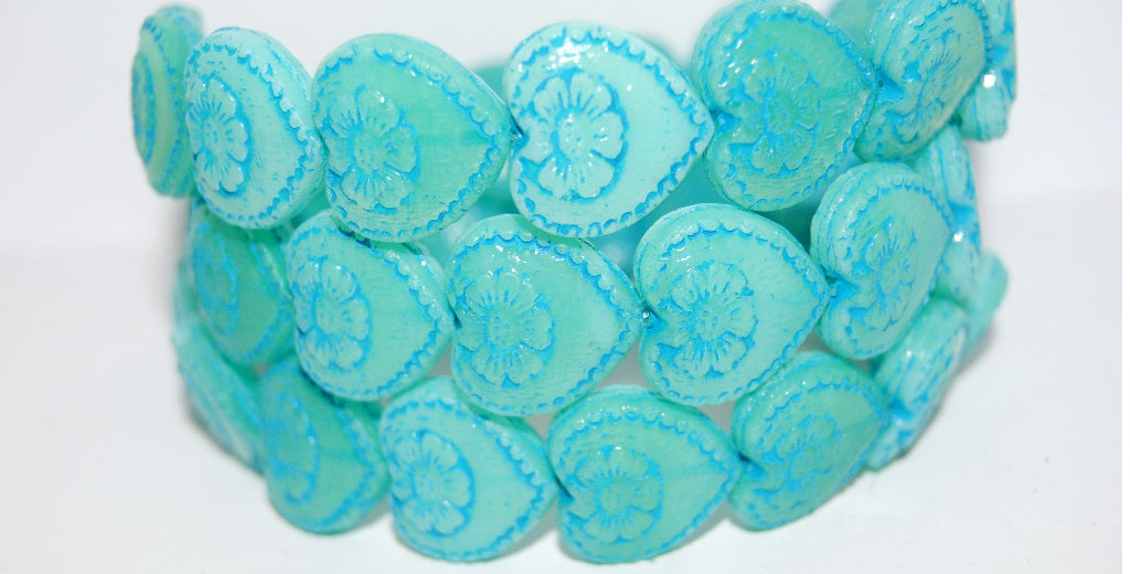 Heart With Flower Pressed Glass Beads, Opal Aqua 46460 (61100 46460), Glass, Czech Republic