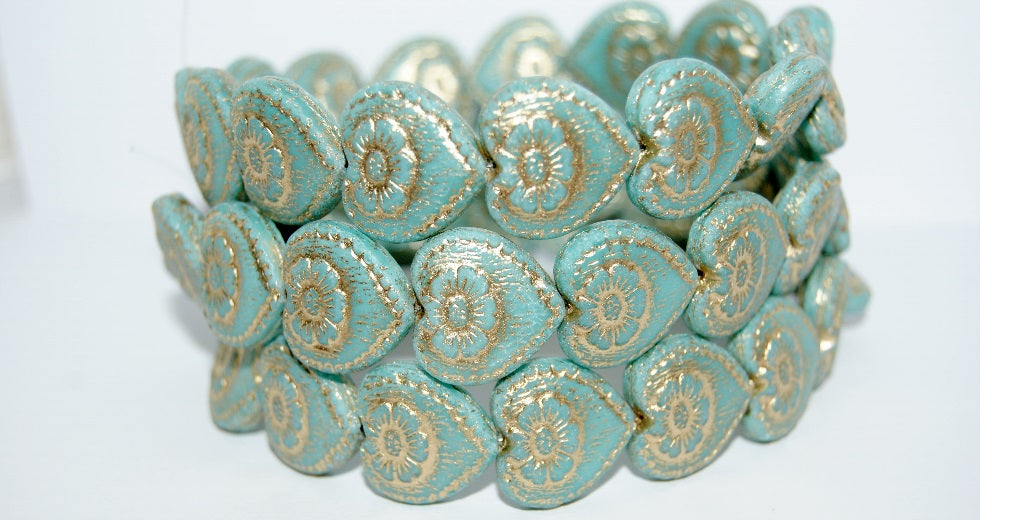 Heart With Flower Pressed Glass Beads, Turquoise Blue 54202 Antiq (63030 54202 Antiq), Glass, Czech Republic