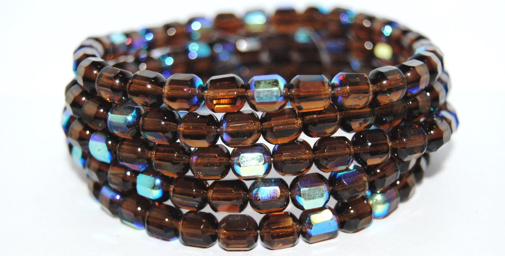 6-Cut Fire Polished Faceted Glass Beads, Transparent Brown Ab (10220 Ab), Glass, Czech Republic