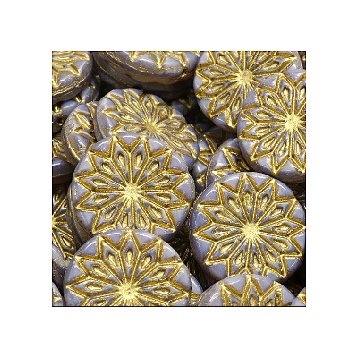 Pressed Czech glass beads origami flower round big with ornament Gray Gold Glass Czech Republic
