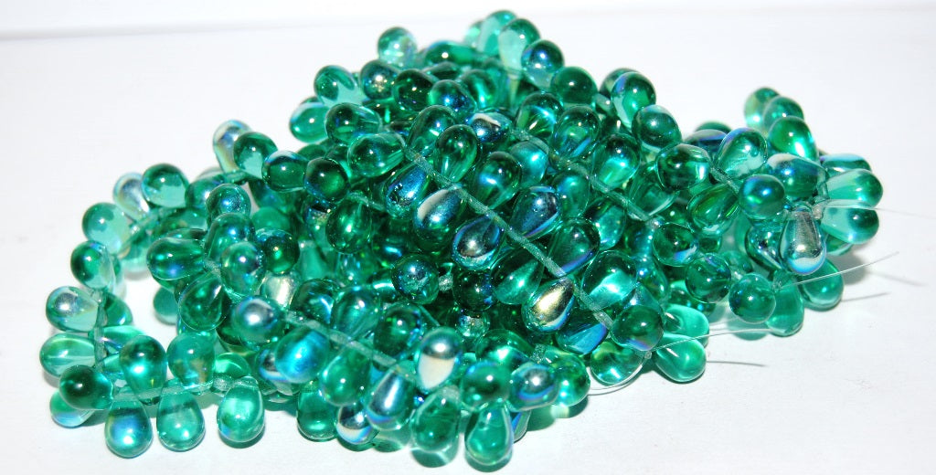 Pear Drop Pressed Glass Beads, Transparent Aqua Ab (60210 Ab), Glass, Czech Republic
