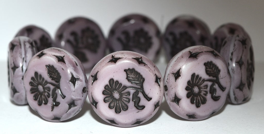 Round Flat With Flower Marguerite Pressed Glass Beads, (7224 23202), Glass, Czech Republic