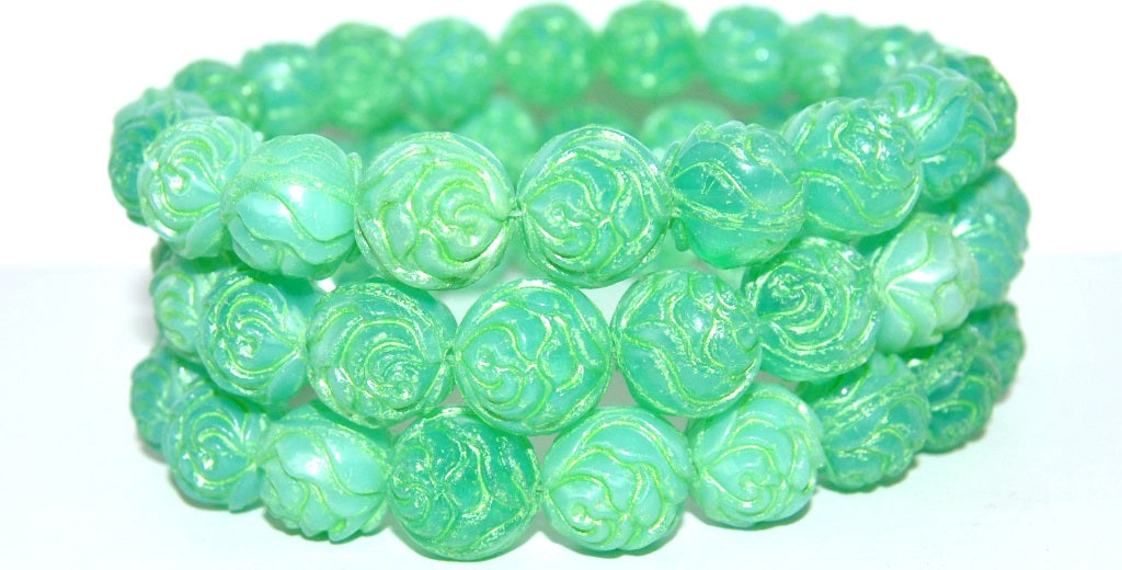 Round Rose Pressed Glass Beads, Opal Aqua 43813 Uranium (61100 43813 Uranium), Glass, Czech Republic