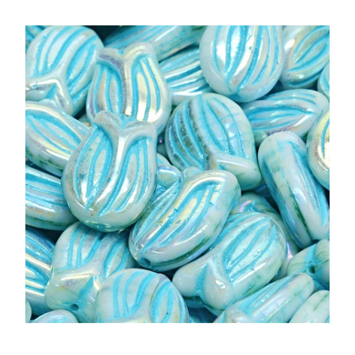 Pressed Czech glass beads flower tulip White Blue Glass Czech Republic