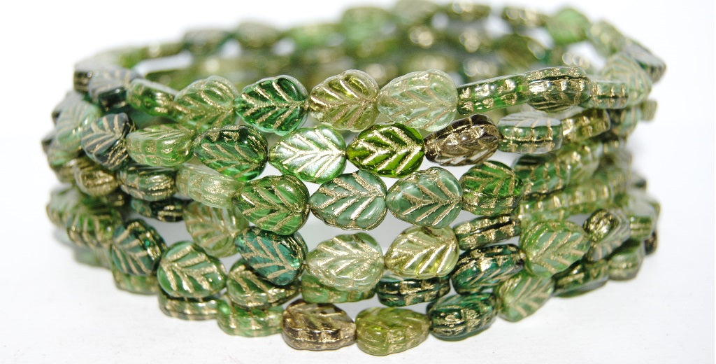 Lilac Leaf Pressed Glass Beads, Green Mixed Colors 2 54202 (Green Mix 2 54202), Glass, Czech Republic