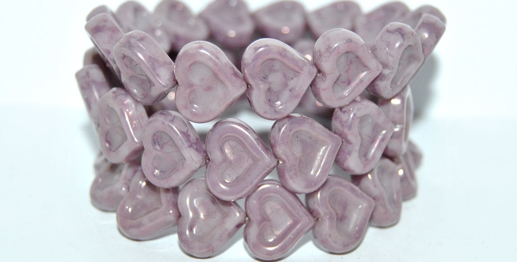 Heart With Heart Pressed Glass Beads, Opaque Amethyst Terracotta Lila (23030 15494), Glass, Czech Republic