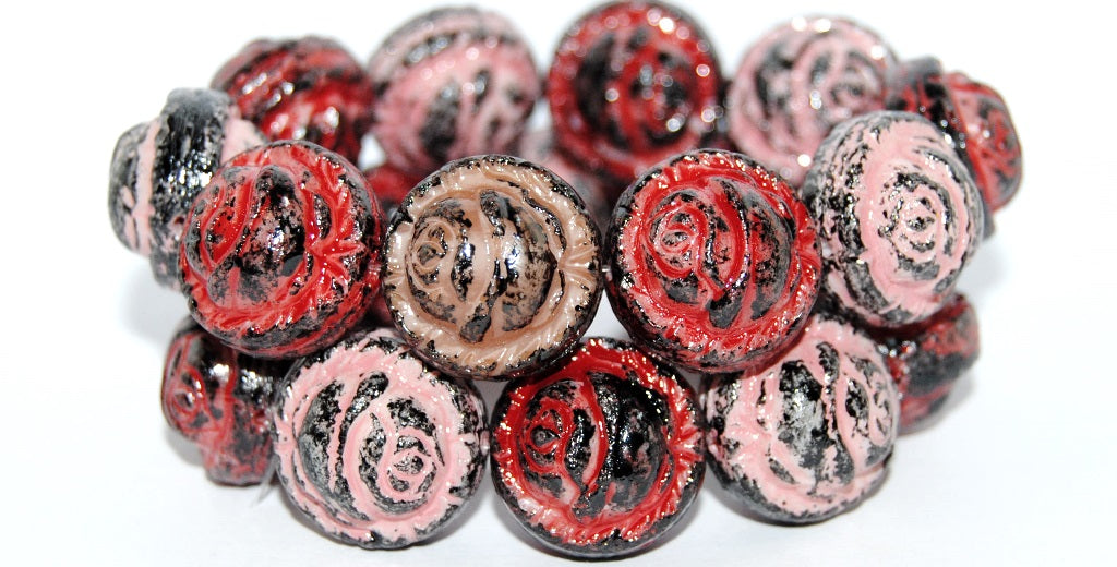 Round With Rose Flower Pressed Glass Beads, (Lava Glass Rpb), Glass, Czech Republic