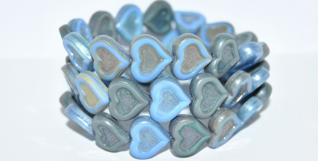 Table Cut Heart Beads With Heart, Blue Mixed Colors Luster Blue Full Coated 2 (Blue Mix/14464 2), Glass, Czech Republic