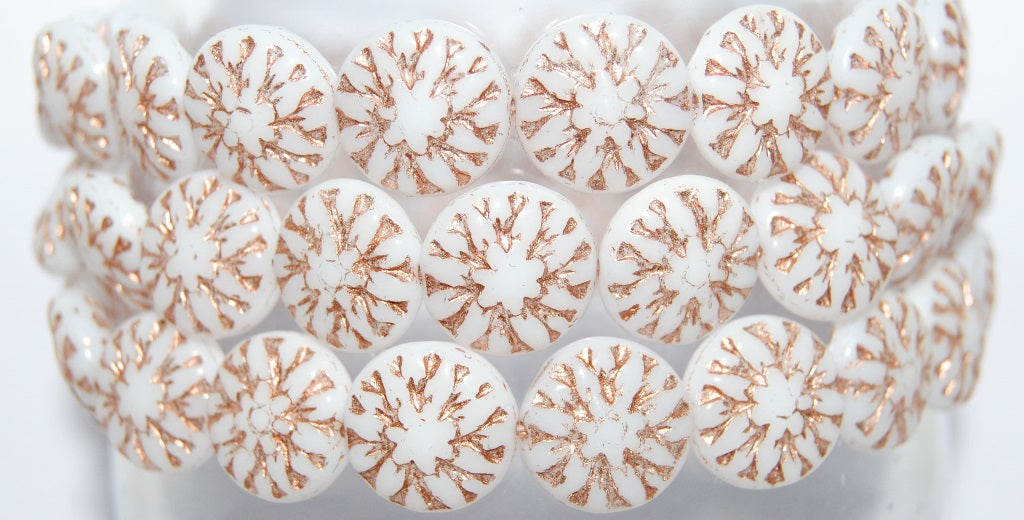 Round Flower Edelweiss Pressed Glass Beads, White 54200 (2010 54200), Glass, Czech Republic
