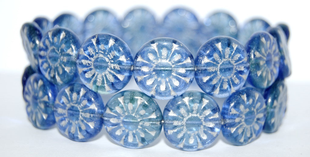 Flat Round With Flower Pressed Glass Beads, (87311 54201), Glass, Czech Republic