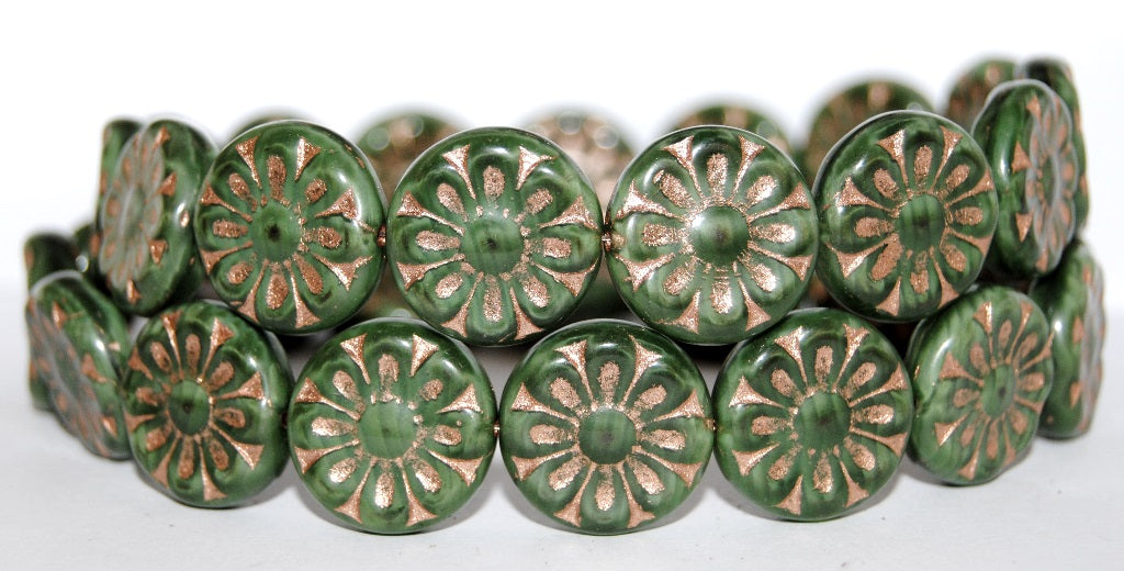 Flat Round With Flower Pressed Glass Beads, (56100 54200), Glass, Czech Republic