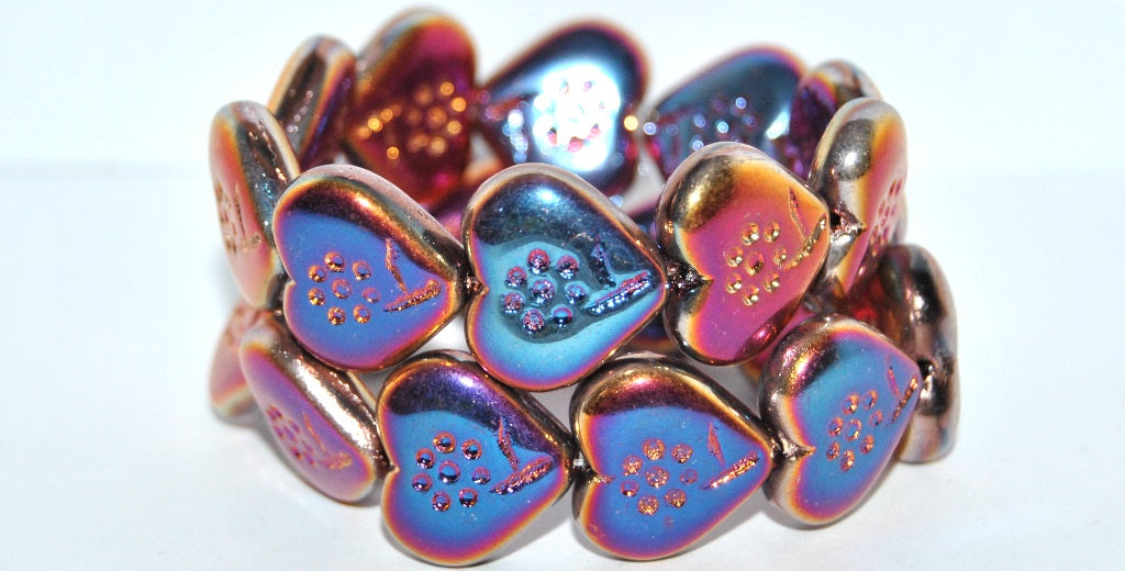 Heart With Simple Flower Pressed Glass Beads, Transparent Amethyst 29500 2Xside (20080 29500 2Xside), Glass, Czech Republic