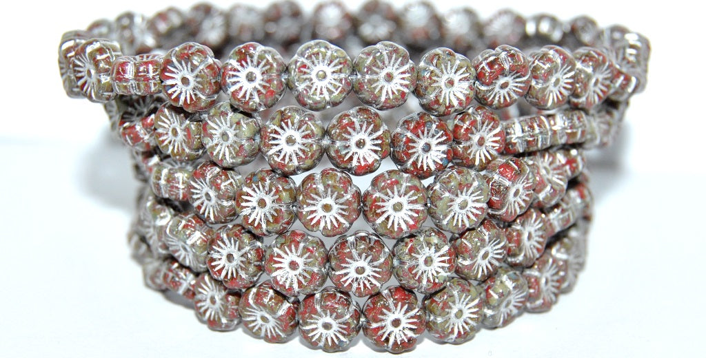 Hawaii Flower Pressed Glass Beads, Opaque Red Travertin 54201 (93200 86800 54201), Glass, Czech Republic