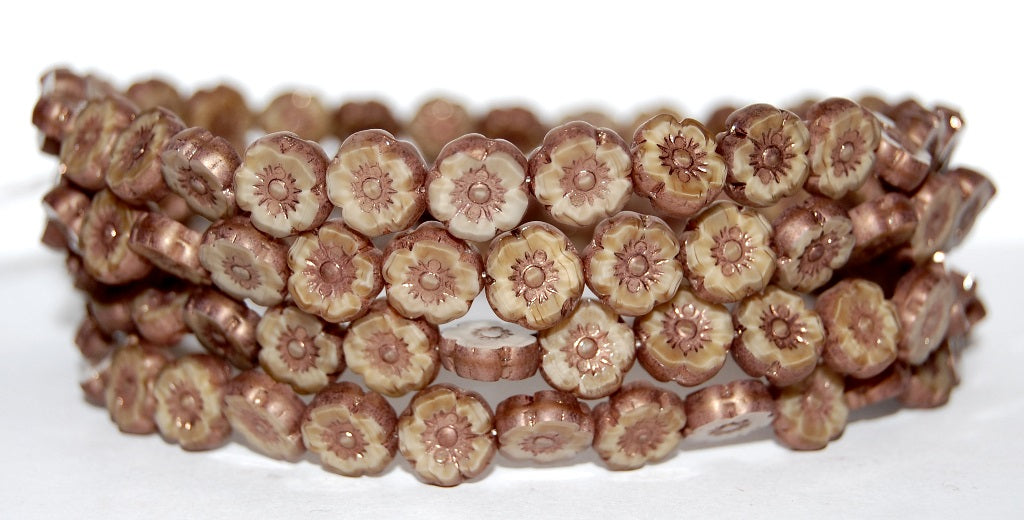 Table Cut Round Beads Hawaii Flowers, 14010 Bronze (14010 14415), Glass, Czech Republic