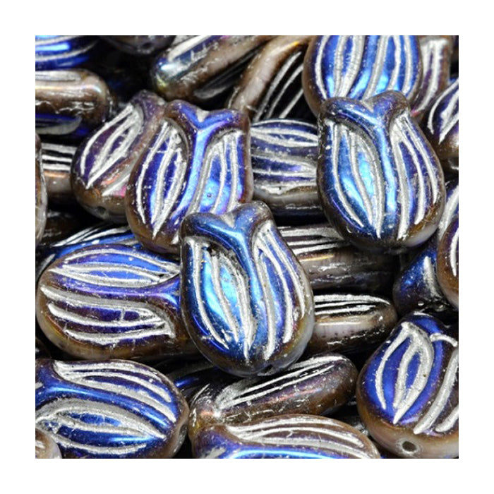 Pressed Czech glass beads flower tulip Blue White Glass Czech Republic