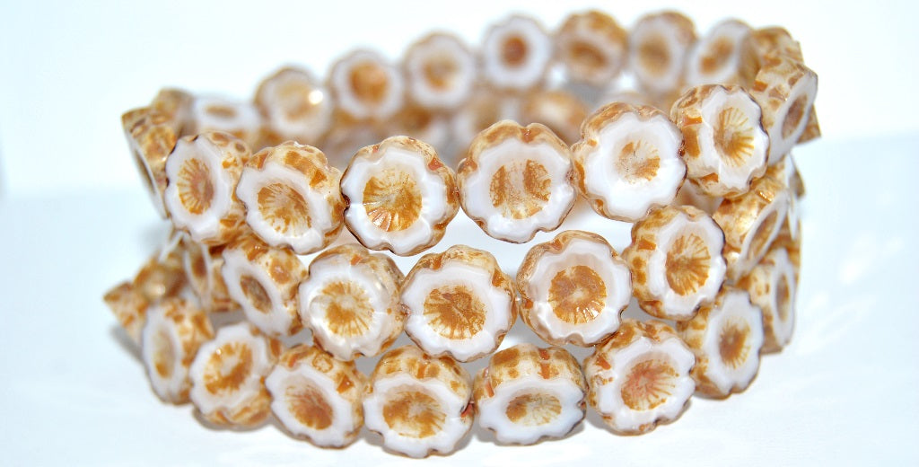 Table Cut Round Beads Hawaii Flowers, Opaque Pink Travertin (74010 86800), Glass, Czech Republic