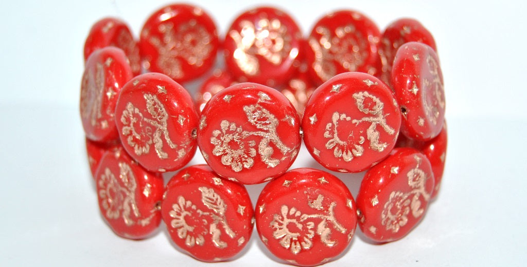 Round Flat With Flower Marguerite Pressed Glass Beads, Opaque Red 54200 (93200 54200), Glass, Czech Republic