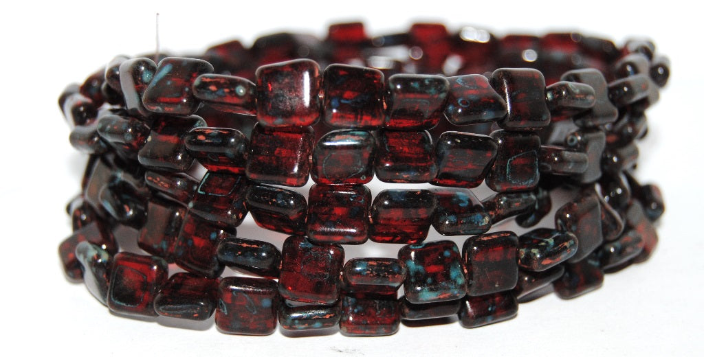 Flat Square Pressed Glass Beads, Transparent Red Travertin (90060 86800), Glass, Czech Republic